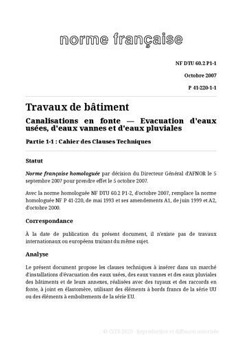 NF DTU 60.2 (P41-220) : Canalisations en fonte, évacuations d'eaux usées, d'eaux pluviales et d'eaux vannes