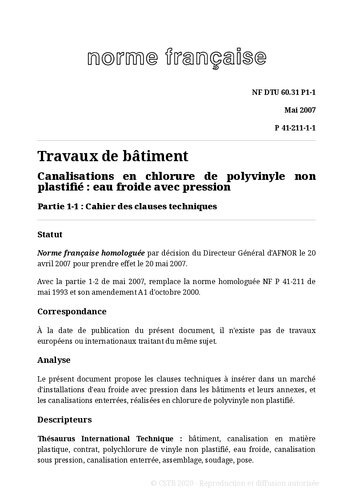 NF DTU 60.31 (P41-211) : Canalisations en chlorure de polyvinyle non plastifié - Eau froide avec pression