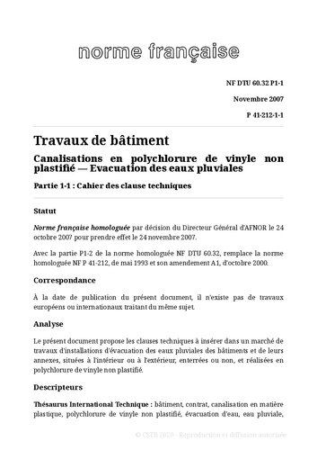 NF DTU 60.32 (P41-212) : Canalisations en chlorure de polyvinyle non plastifié - Evacuation des eaux pluviales