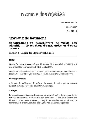 NF DTU 60.33 (P41-213) : Canalisations en chlorure de polyvinyle non plastifié : Evacuation d'eaux usées et d'eaux vannes