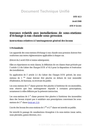 NF DTU 65.3 (P52-211) : Travaux relatifs aux installations de sous-stations d'échange à eau chaude sous pression