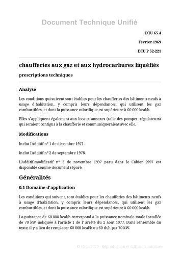 NF DTU 65.4 (P52-221) : Prescriptions techniques relatives aux chaufferies aux gaz et aux hydrocarbures liquéfiés
