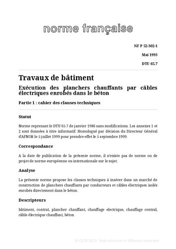 NF DTU 65.7 (P52-302) : Exécution de planchers chauffants par câbles électriques enrobés dans le béton