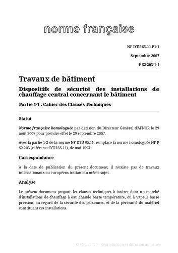 NF DTU 65.11 (P52-203) : Dispositifs de sécurité des installations de chauffage central concernant le bâtiment