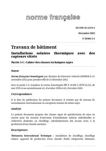 NF DTU 65.12 (P50-601) : Installations solaires thermiques avec des capteurs vitrés