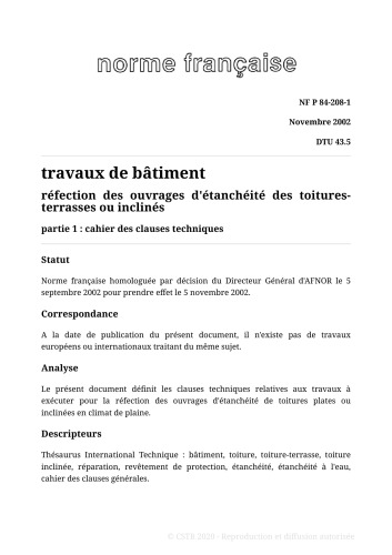 NF DTU 43.5 (P84-208) : Réfection des ouvrages d'étanchéité des toitures-terrasses ou inclinés