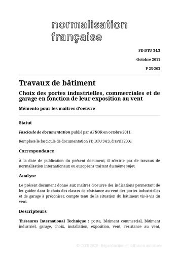 NF FD DTU 34.3 (P25-203) : Choix des portes industrielles, commerciales et de garage en fonction de leur exposition au vent