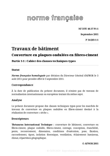 NF DTU 40.37 (P34-203) : Couverture en plaques ondulées en fibres-ciment