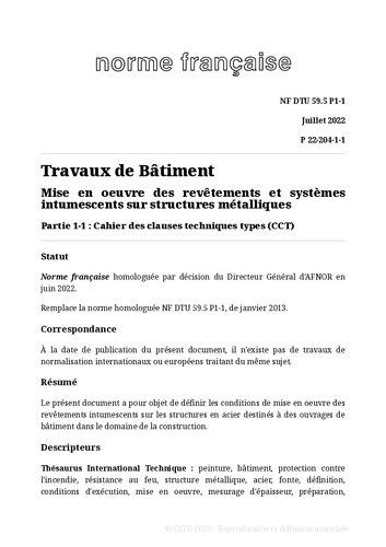 NF DTU 59.5 (P22-204) : Mise en oeuvre des revêtements et systèmes intumescents sur structures métalliques