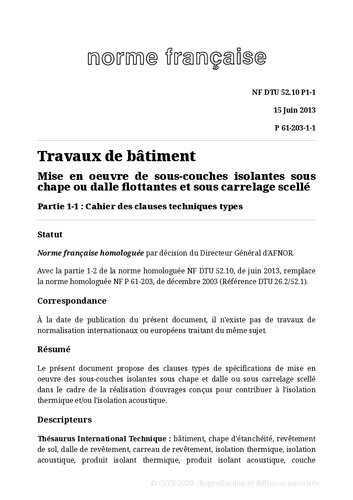 NF DTU 52.10 (P61-203) : Mise en oeuvre de sous-couches isolantes sous chape ou dalle flottantes et sous carrelage scellé