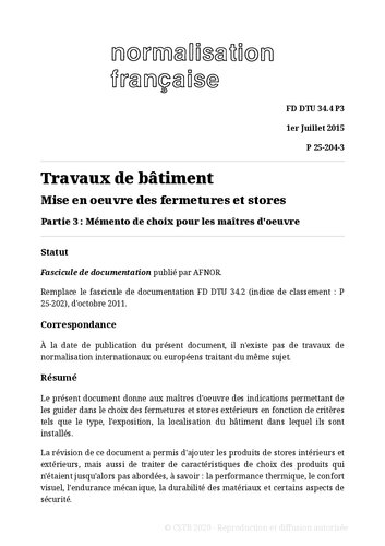 NF DTU 34.4 (P25-204) : Mise en oeuvre des fermetures et stores