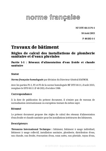 NF DTU 60.11 (P40-202) : Règles de calcul des installations de plomberie sanitaire et d'eaux pluviales