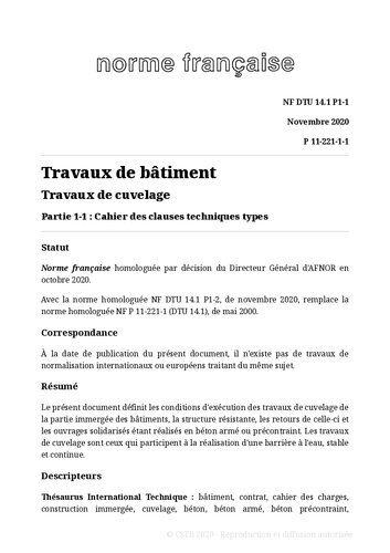 NF DTU 14.1 (P11-221) : Travaux de cuvelage