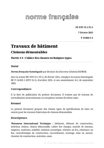NF DTU 35.1 (P24-802) : Cloisons démontables