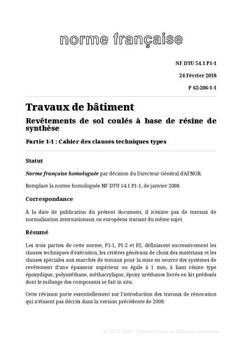 NF DTU 54.1 (P62-206) : Revêtements de sol coulés à base de résine de synthèse