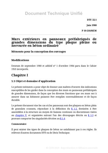 NF DTU 22.1 (P10-210) : Murs extérieurs en panneaux préfabriqués de grandes dimensions du type plaque pleine ou nervurée en béton ordinaire