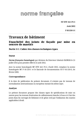 NF DTU 44.1 (P85-210) : Etanchéité des joints de façade par mise en oeuvre de mastics