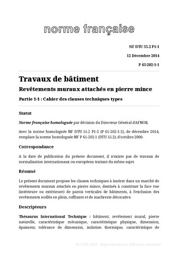 NF DTU 55.2 (P65-202) : Revêtements muraux attachés en pierre mince