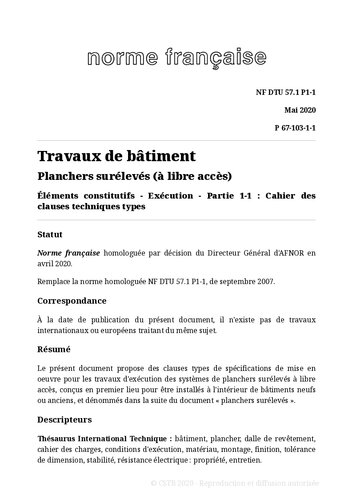 NF DTU 57.1 (P67-103) : Planchers surélevés (à accès libre) - Eléments constitutifs - Exécution