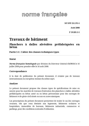 NF DTU 23.2 (P19-201) : Planchers à dalles alvéolées préfabriquées en béton