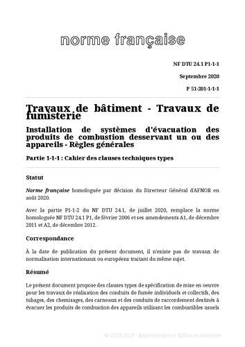 NF DTU 24.1 (P51-201) : Travaux de fumisterie - Systèmes d'évacuation des produits de combustion desservant un ou des appareils