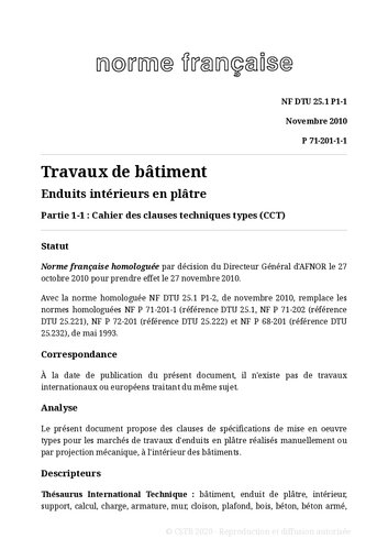 NF DTU 25.1 (P71-201) : Enduits intérieurs en plâtre