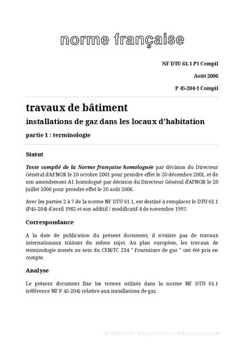NF DTU 61.1 (P45-204) : Installations de gaz