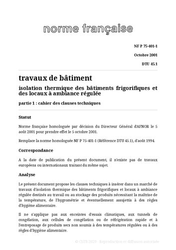 NF DTU 45.1 (P75-401) : Isolation thermique des bâtiments frigorifiques et des locaux à ambiance régulée