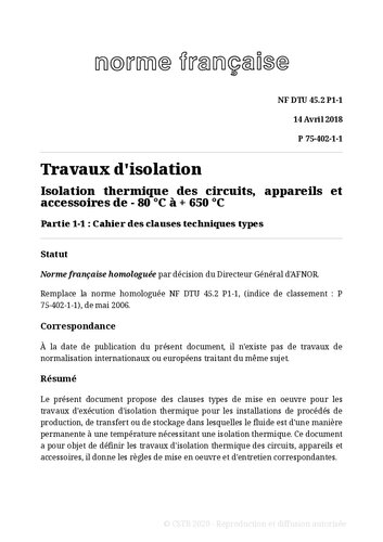 NF DTU 45.2 (P75-402) : Isolation thermique des circuits, appareils et accessoires de - 80 C à + 650 C