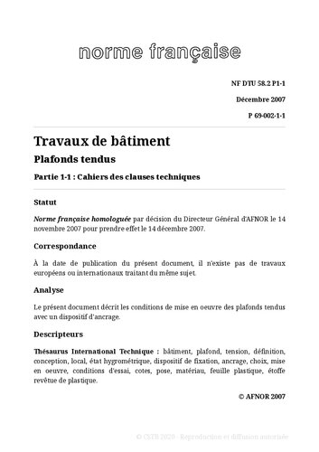 NF DTU 58.2 (P69-002) : Plafonds tendus