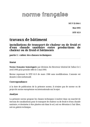 NF DTU 65.9 (P52-304) : Installations de transport de chaleur ou de froid et d'eau chaude sanitaire entre productions de chaleur ou de froid et bâtiments