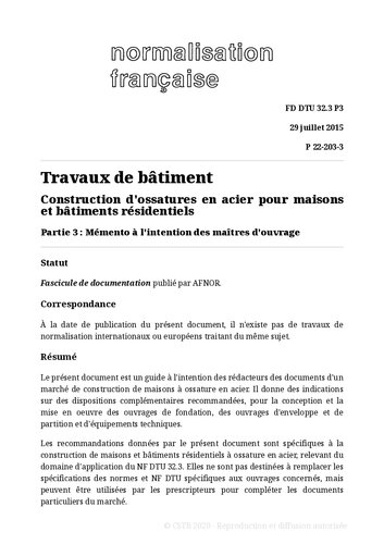 NF DTU 32.3 (P22-203) : Construction d'ossatures en acier pour maisons et bâtiments résidentiels