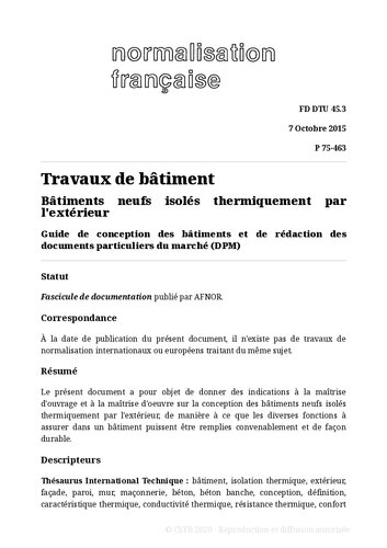 NF FD DTU 45.3 (P75-463) : Bâtiments isolés thermiquement par l'extérieur