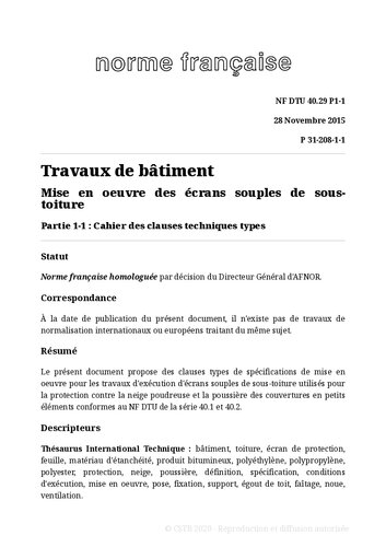 NF DTU 40.29 (P31-208) : Mise en oeuvre des écrans souples de sous-toiture
