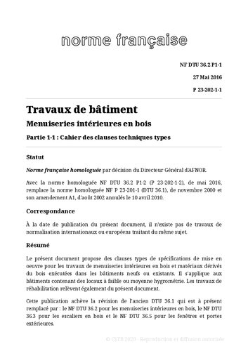 NF DTU 36.2 (P23-202) : Menuiseries intérieures en bois