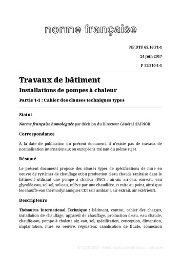 NF DTU 65.16 (P52-310) : Installations de pompes à chaleur