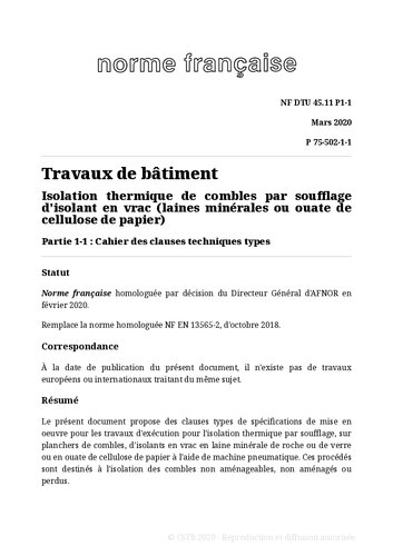 NF DTU 45.11 (P75-502) : Isolation thermique de combles par soufflage d'isolant en vrac (laines minérales ou ouate de cellulose de papier)
