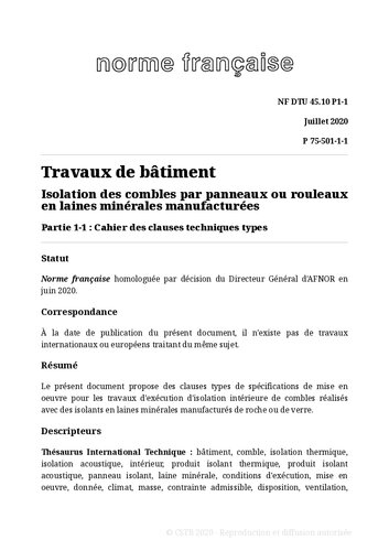 NF DTU 45.10 (P75-501) : Isolation des combles par panneaux ou rouleaux en laines minérales manufacturées