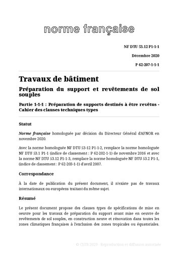 NF DTU 53.12 (P62-207) : Préparation du support et revêtements de sol souples
