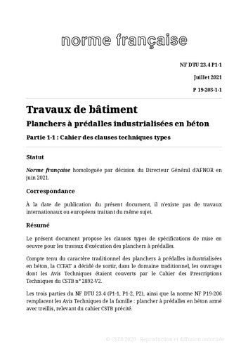 NF DTU 23.4 (P19-203) : Planchers à prédalles industrialisées en béton