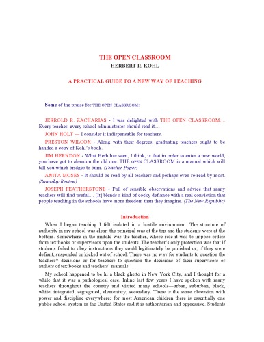 The Open Classroom: A Practical Guide to a New Way of Teaching