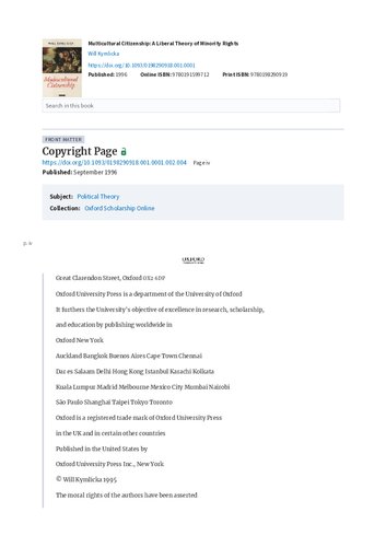 Multicultural Citizenship: A Liberal Theory of Minority Rights