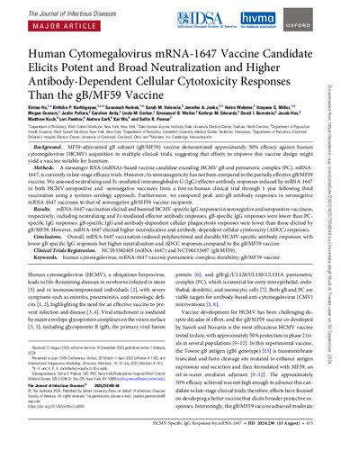 Human Cytomegalovirus mRNA-1647 Vaccine Candidate Elicits Potent and Broad Neutralization and Higher Antibody-Dependent Cellular Cytotoxicity Responses Than the gB/MF59 Vaccine