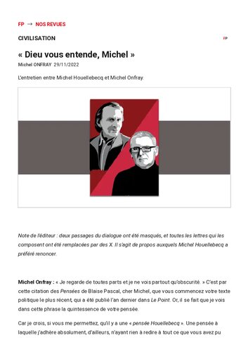 Front Populaire 
Dieu vous entende, Michel - L'entretien entre Michel Houellebecq et Michel Onfray