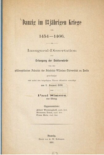 Danzig im 13jährigen Kriege von 1454-1466