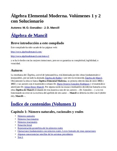Álgebra de Mancil - Álgebra Elemental Moderna. Volúmenes 1 y 2 con Solucionario