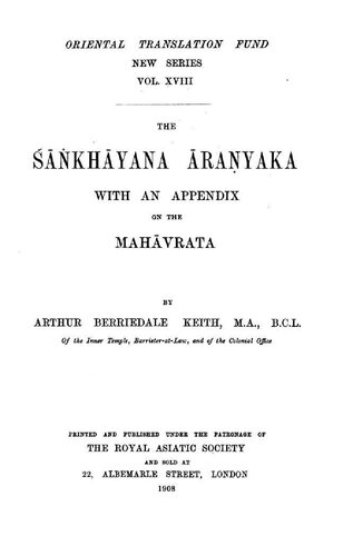 The Saṅkhayana Araṇyaka : with an appendix on the mahavrata