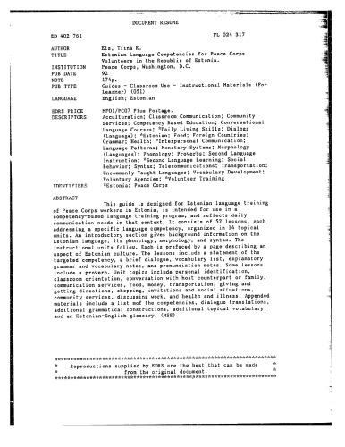 Estonian Language Competencies for Peace Corps Volunteers in the Republic of Estonia