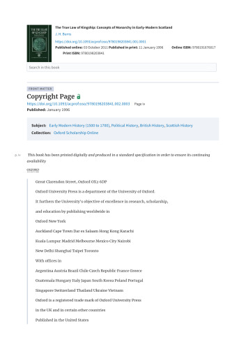The True Law of Kingship: Concepts of Monarchy in Early-Modern Scotland