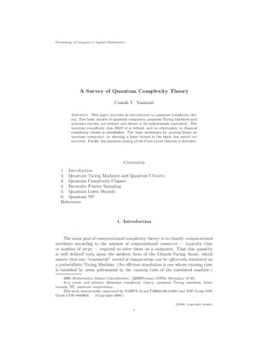 A Survey of Quantum Complexity Theory